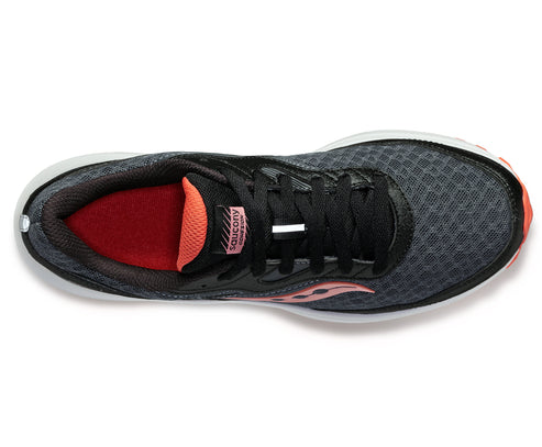 Overhead view of a running shoe with black laces, gray mesh upper, red insole, and white sole.
