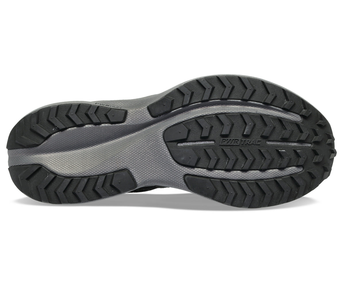 Bottom view of a shoe sole with black treads and gray body.