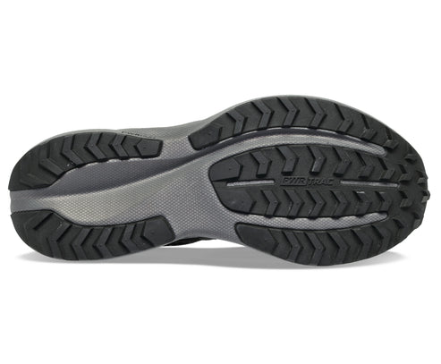 Bottom view of a shoe sole with black treads and gray body.