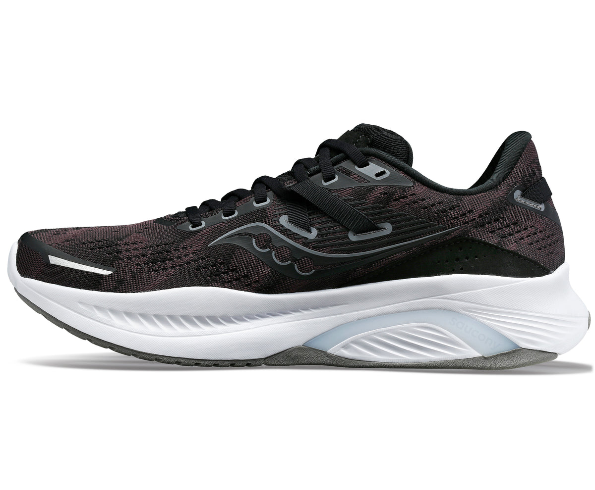 Black running shoe with a white sole and black laces.
