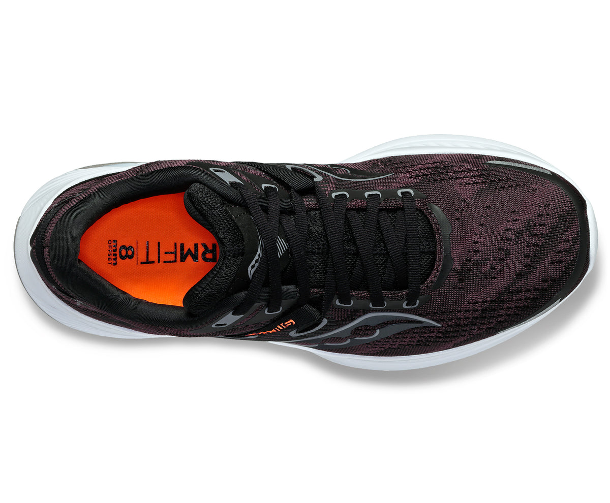 Overhead view of a running shoe in dark shades with black laces, white midsole, and orange inner lining.