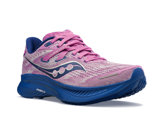 Pink running shoe with blue sole and shoelaces.