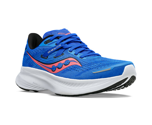 Blue running shoe with coral accents, white midsole, and black outsole.