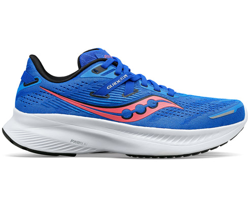 Blue running shoe with pink logo on a thick white sole.