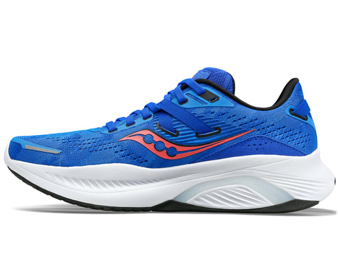 A blue running shoe with red stripes and white sole.