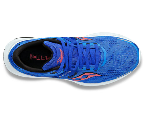 Overhead view of a blue running shoe with pink logo