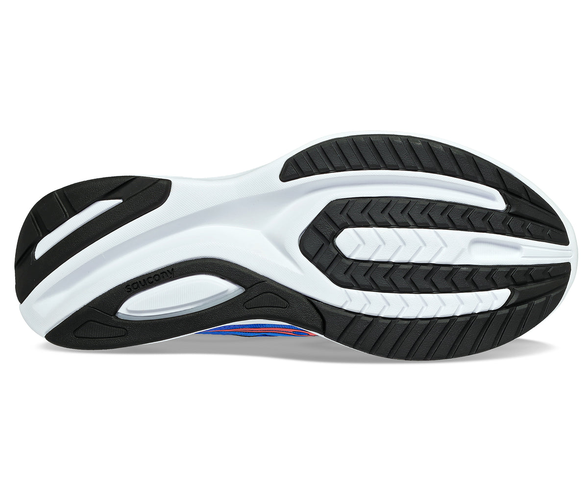 Bottom view of a running shoe with a white midsole and black outsole featuring linear treads and geometric cutouts.