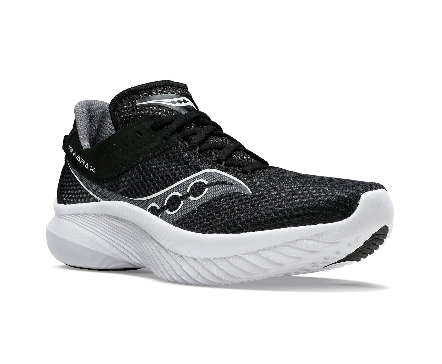 A black and white running shoe with a thick white sole.
