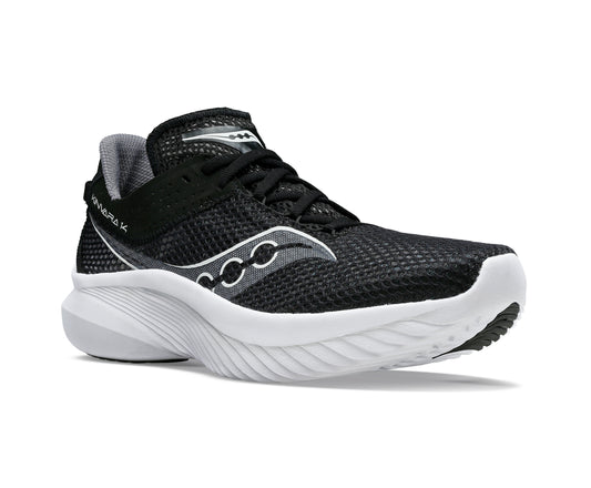 A black and white running shoe with a thick white sole.