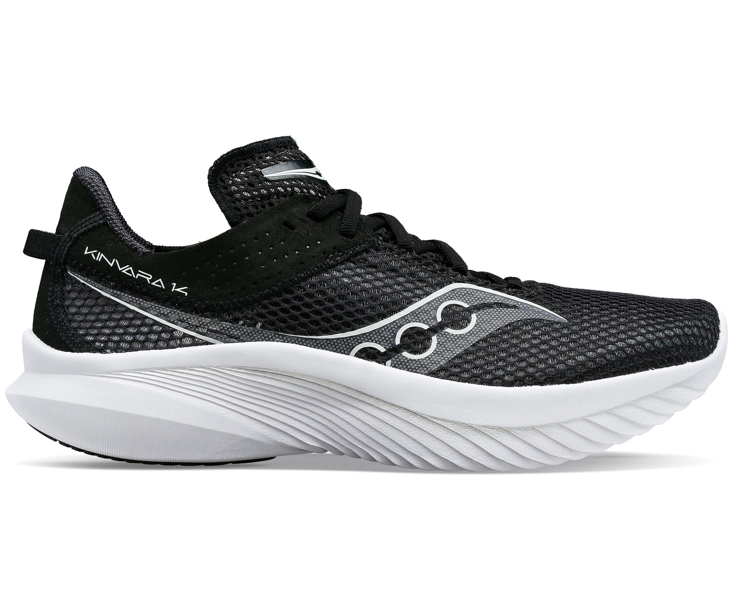 A running shoe in black with white sole and Kinvara 14 printed on the side.