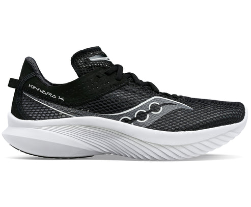 A running shoe in black with white sole and Kinvara 14 printed on the side.