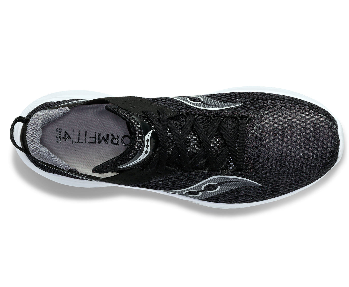 Overhead view of a black athletic shoe with gray Formfit text on the insole and black laces.