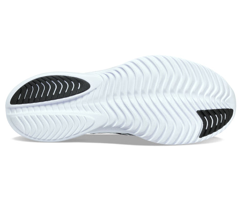 Bottom view of a white athletic shoe sole with a wavy tread pattern and black accents.