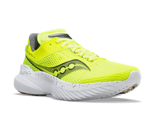 A neon yellow running shoe with white sole.