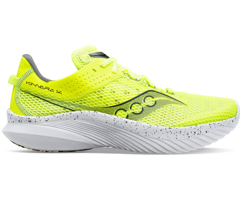 Neon yellow running shoe with white speckled sole and visible Kinvara 14 text.
