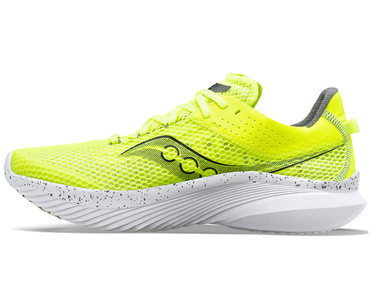 Bright yellow running shoe with a white sole speckled with dark gray.