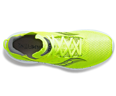 Overhead view of a bright yellow running shoe with white sole and visible gray lining.