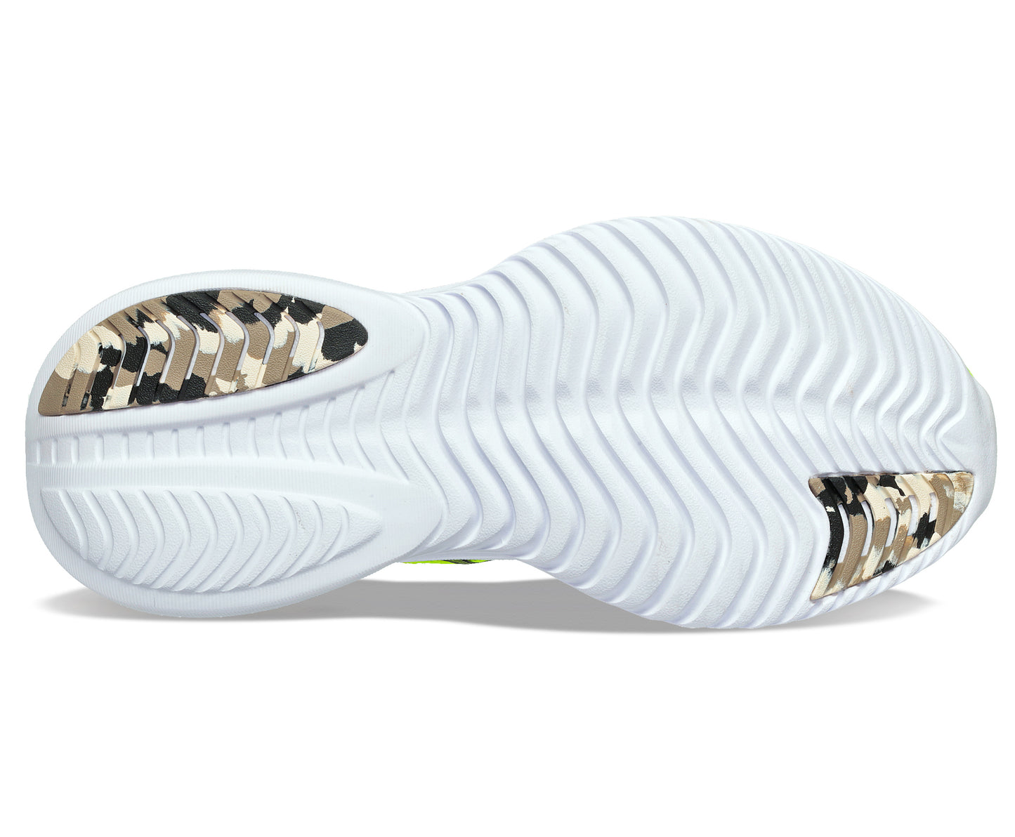 Bottom view of a white sneaker with camouflage accents.