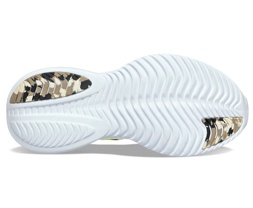 Bottom view of a white sneaker with camouflage accents.