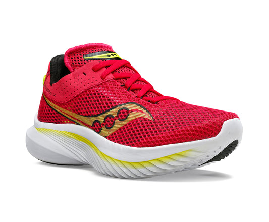 Red athletic shoe with gold logo and white sole.
