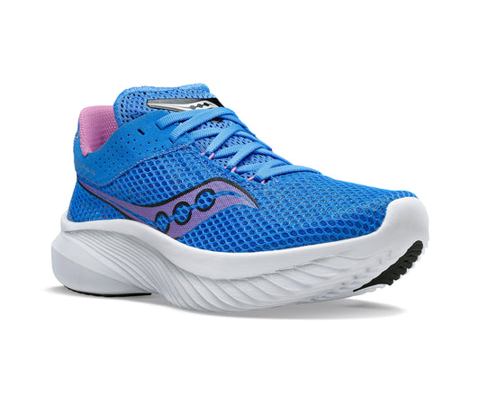A blue running shoe with a pink interior and a white sole.