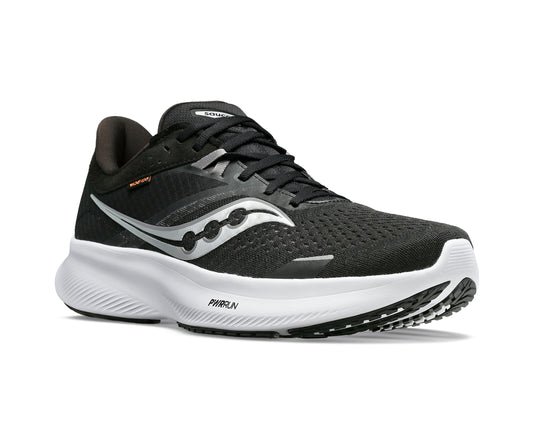 Black running shoe with white midsole and silver logo.