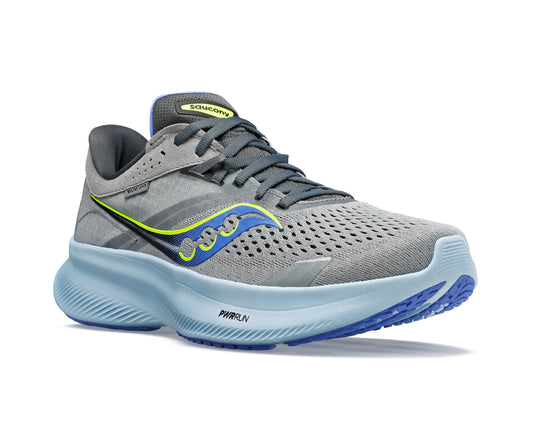Gray running shoe with blue and yellow accents, featuring a cushioned sole and breathable upper.