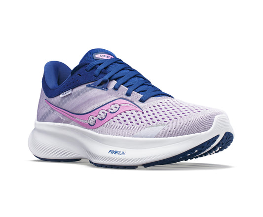 Running shoe, light purple and pink with blue trim and white sole, showing side profile.