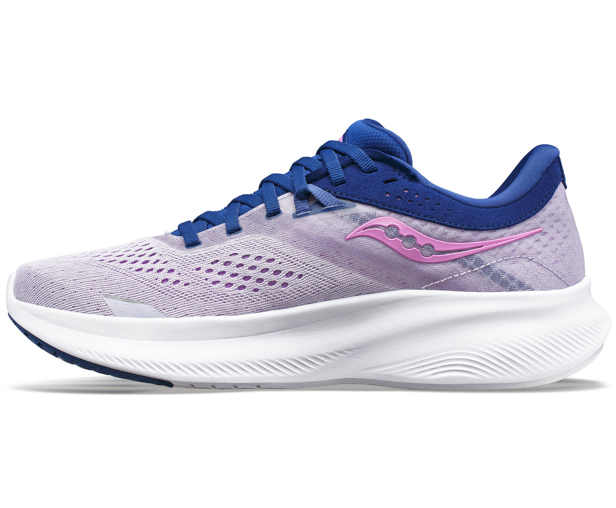 A side view of a running shoe that is light purple with a pink logo, royal blue laces, and a white sole.