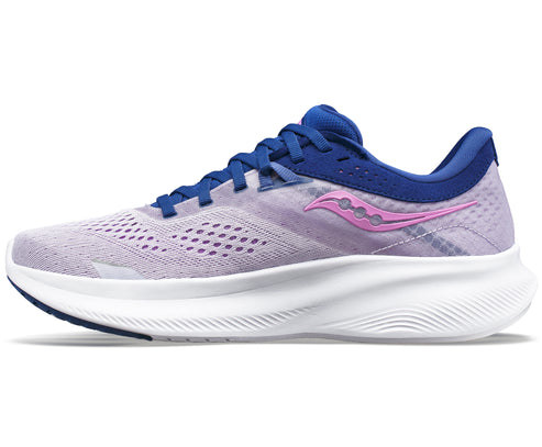 A side view of a running shoe that is light purple with a pink logo, royal blue laces, and a white sole.