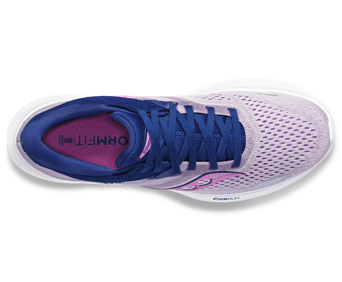 Top view of a light purple running shoe with blue laces and inner lining and a white sole.