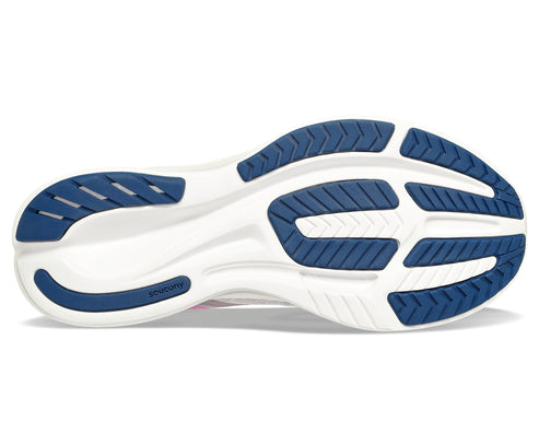 Bottom of a running shoe with white midsole and blue tread.