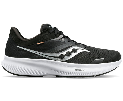 A running shoe featuring a black upper with silver accents and a thick white sole.