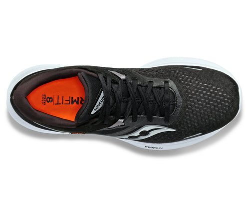 Top view of a black running shoe with white sole and silver logo.