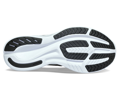 Bottom view of a shoe with a white sole and black tread.