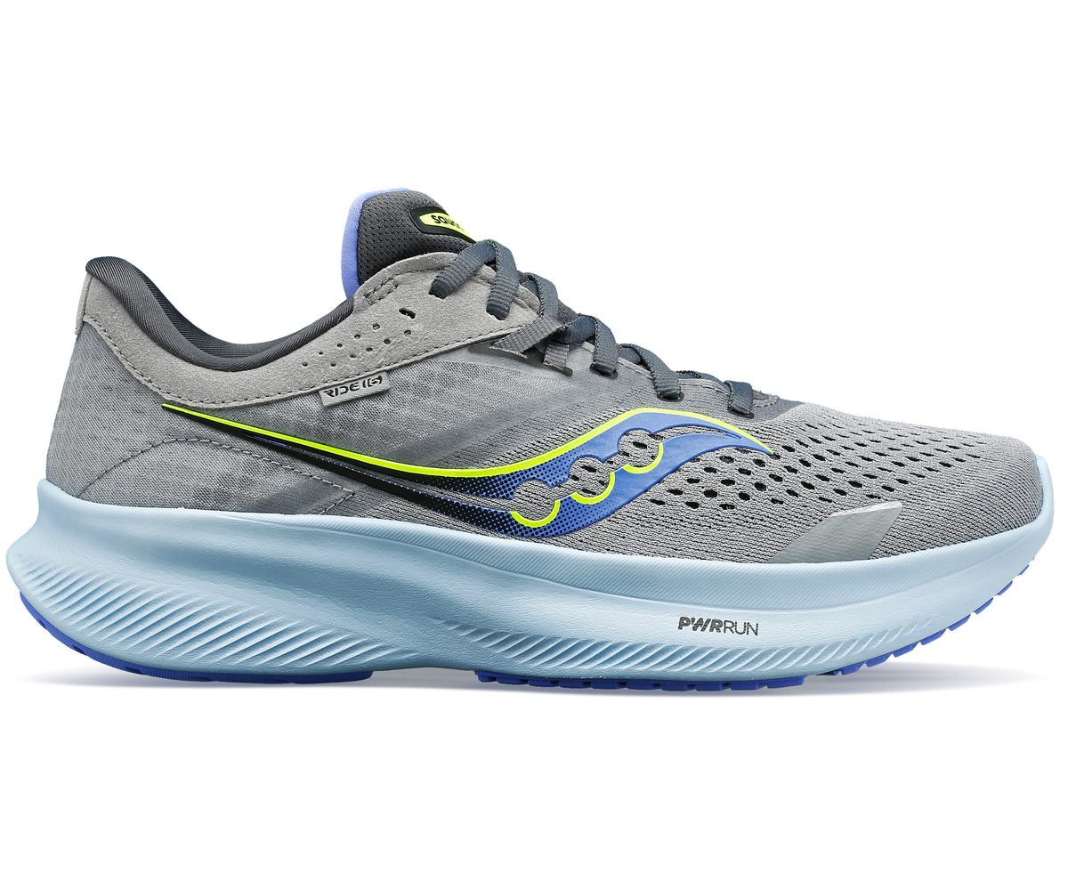 A gray running shoe with yellow and blue accents, featuring a thick, light blue sole and dark gray laces.
