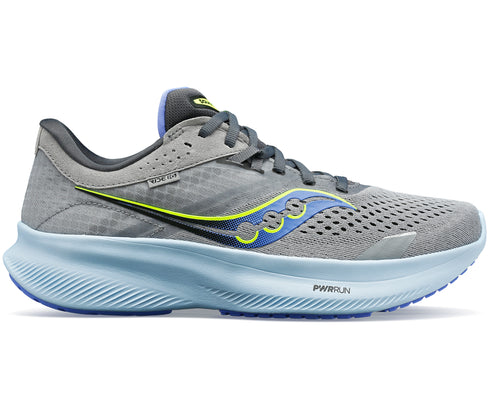 A gray running shoe with yellow and blue accents, featuring a thick, light blue sole and dark gray laces.