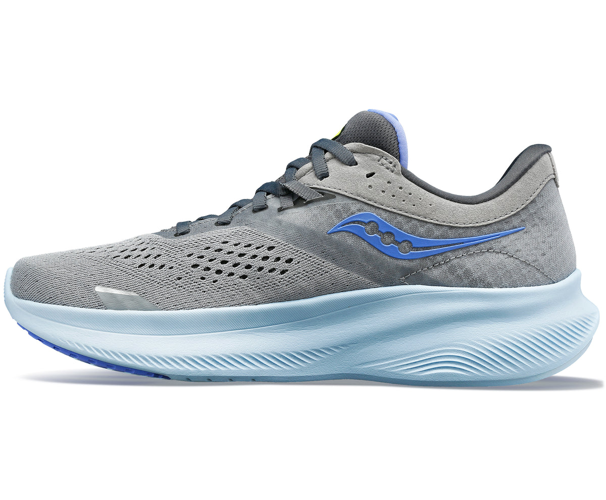 Gray running shoe with a blue wave logo and a light blue sole.