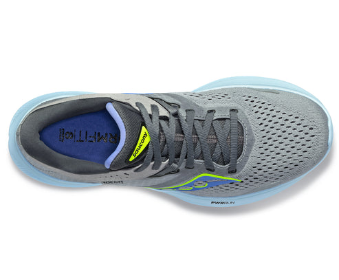 Gray running shoe with blue and yellow accents, seen from above.