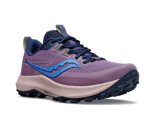 A purple trail running shoe with blue accents, laces, and a black sole.