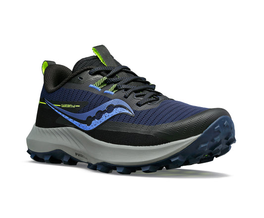 Trail running shoe with blue and black upper, stylized blue logo on side, and aggressive tread.
