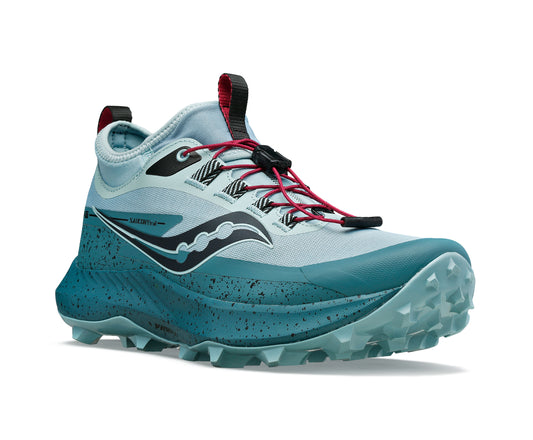 Aqua trail running shoe with red laces and cleated sole.