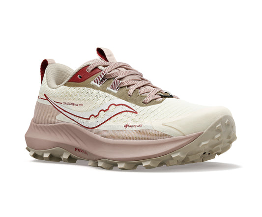 Tan and reddish-brown running shoe with visible text "SAUCONY" and "GORE-TEX" on the side.
