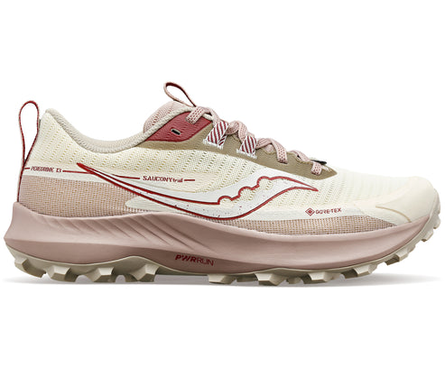 Off-white running shoe with red accents, including 'SAUCONY' text, and Gore-Tex label.