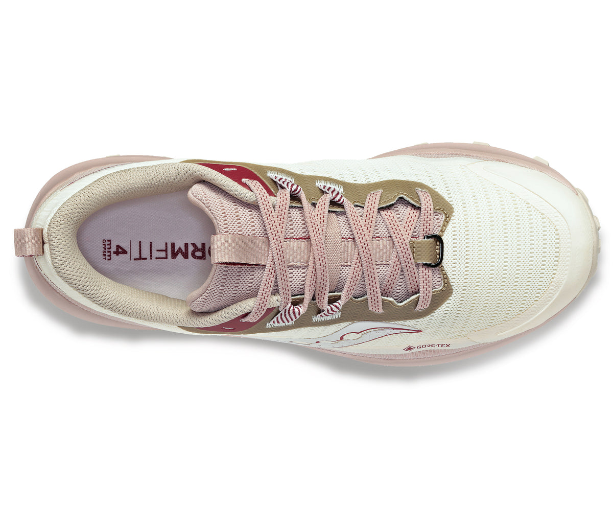 Top-down view of a white and pink running shoe with visible laces and "FORM FIT" text inside.