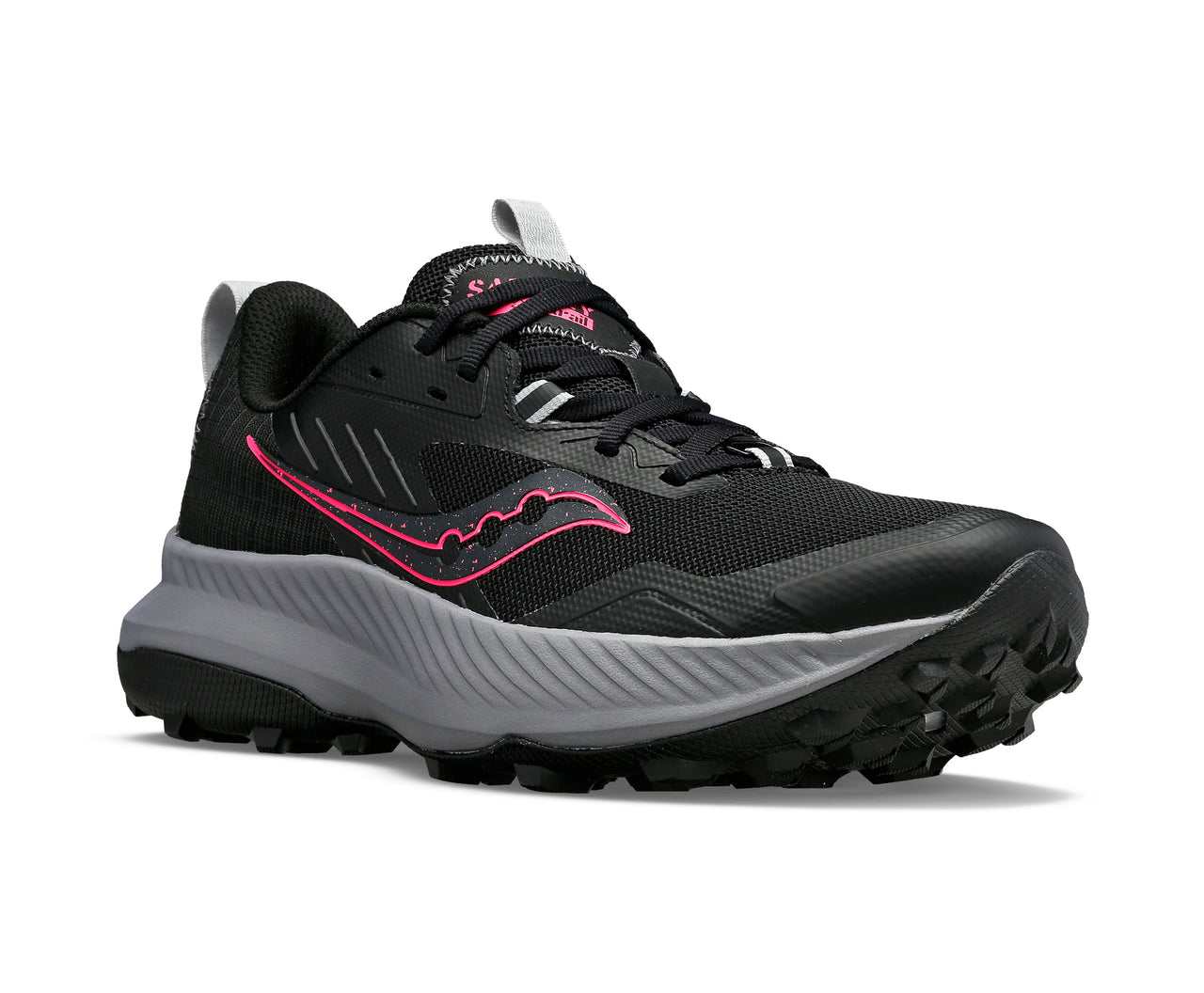 Black trail running shoe with pink accents and lugged sole.