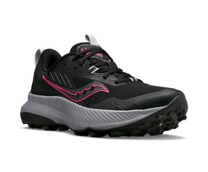Black trail running shoe with pink accents and lugged sole.