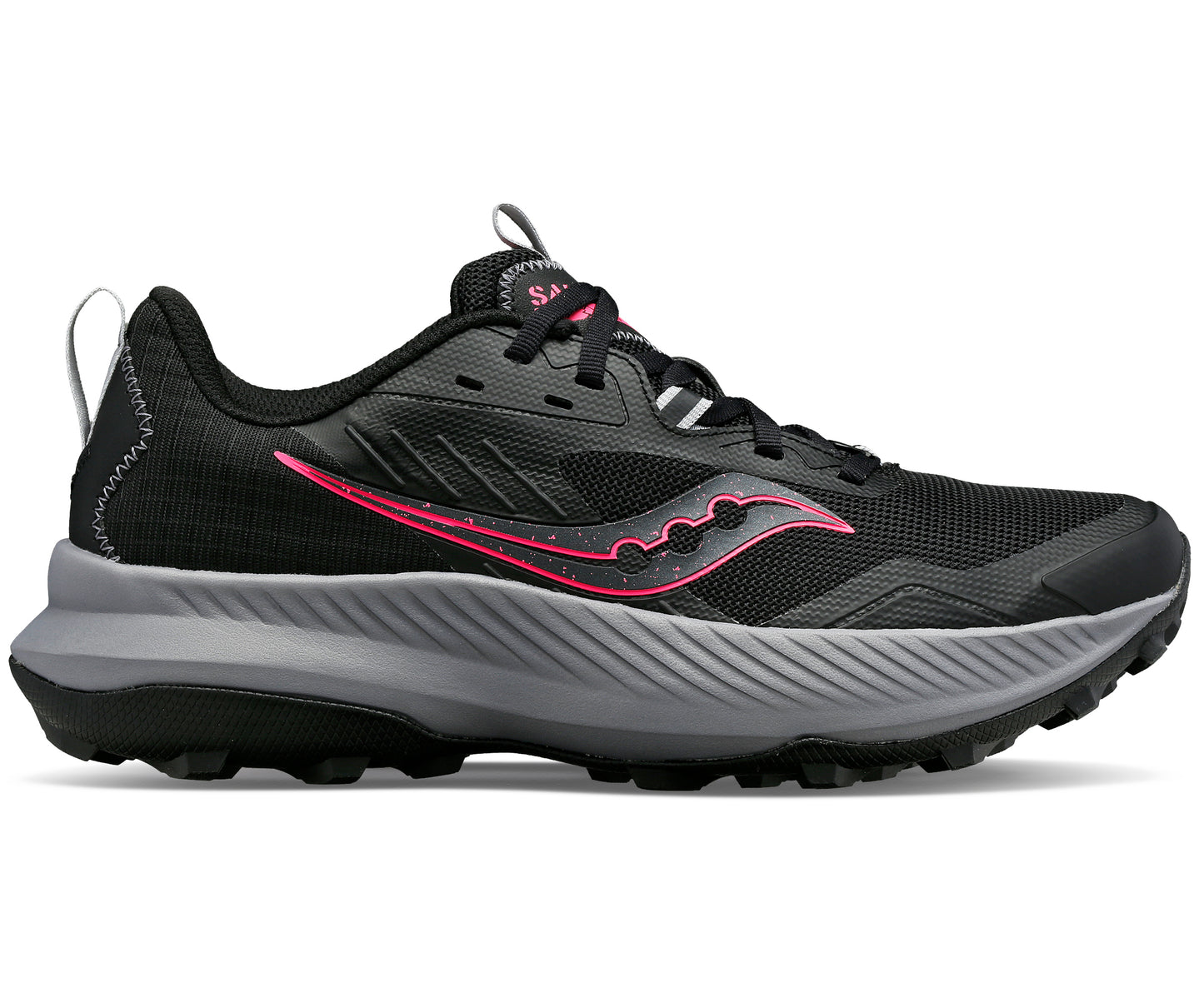 Black running shoe with pink accents, gray sole.
