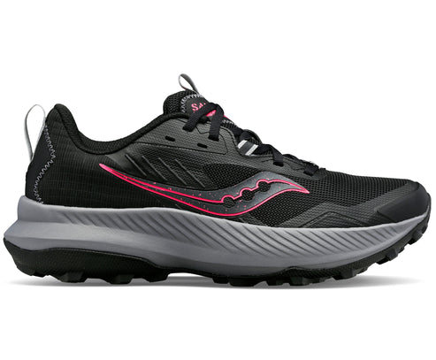 Black running shoe with pink accents, gray sole.