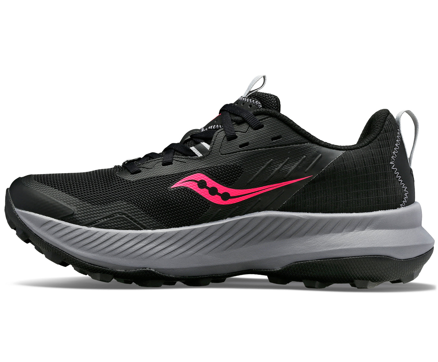 Side view of a black running shoe with a pink wavy stripe on the side and a gray sole.